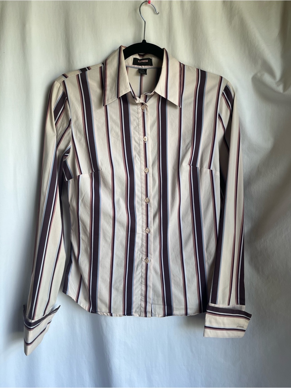 Express Women’s Cream Button-Down Shirt with Navy and Burgundy Stripes